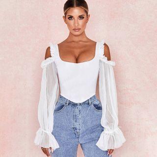 Cutout Shoulder Frilled Trim Blouse