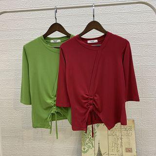 Plain Asymmetrical Drawstring Crop Knit Top