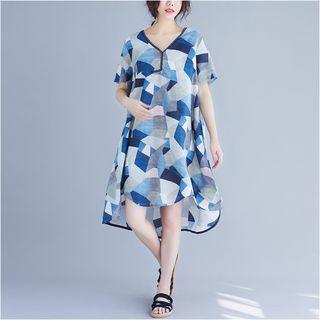 Patterned Short-sleeve Midi A-line Dress As Shown In Figure - One Size