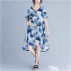 Patterned Short-sleeve Midi A-line Dress As Shown In Figure - One Size