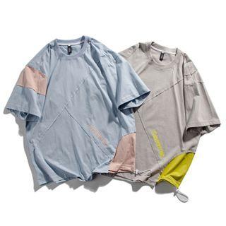 Drawstring-cuff Color Panel Elbow-sleeve T-shirt