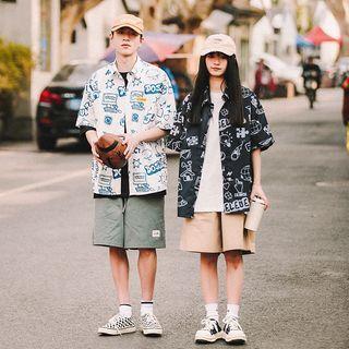 Couple Matching Short-sleeve Cartoon Print Shirt