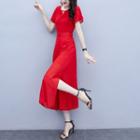 Short-sleeve Side Slit Chiffon A-line Midi Dress