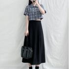 Short-sleeve Plaid Shirt / Midi A-line Skirt / Set