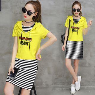 Set: Hooded Short-sleeve Top + Sleeveless Striped Dress