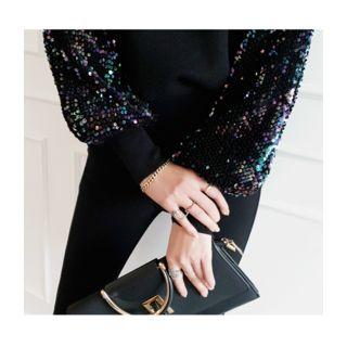 Round-neck Sequined-sleeve Knit Top One Size