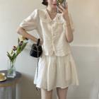 Set: Short-sleeve Flower Embroidered Blouse + Mini A-line Skirt
