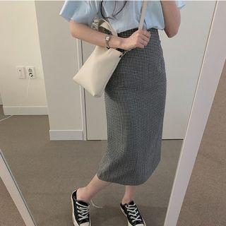 Gingham High-waist Slit Midi Straight-fit Skirt
