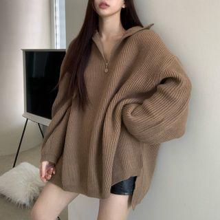 Half-zip Slit Sweater Coffee - One Size