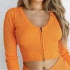 Long-sleeve Zip Knit Top Tangerine - One Size