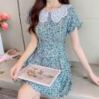 Short-sleeve Floral Print Lace Collar Mini A-line Dress