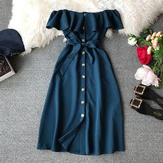 Short-sleeve Off Sholder A-line Midi Dress