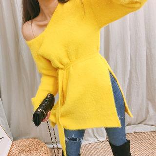Wool Blend Long Fluffy Sweater With Sash