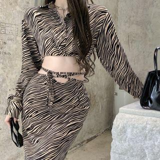 Zebra Print Shirt / Fitted Midi Skirt
