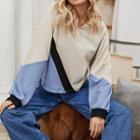 Long Sleeve V-neck Color-block Loose-fit Sweatshirt