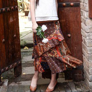 Ruffle Trim Printed Midi Skirt