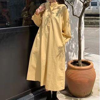 Long-sleeve Midi A-line Shirt Dress Yellow - One Size