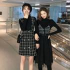 Mock-neck Long-sleeve Knit Top / Tweed Panel Midi Pinafore Dress / Mini Suspender Skirt / Set