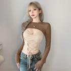 Set: Long-sleeve Shrug + Lace-up Crop Camisole Top