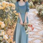Ruffle Trim Square-neck Short-sleeve Midi A-line Dress