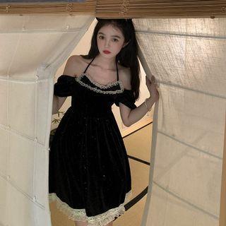 Lace-trim Halter Dress Black - One Size