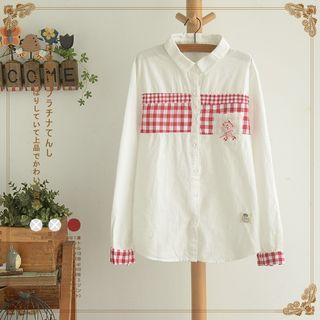 Gingham Panel Long-sleeve Blouse