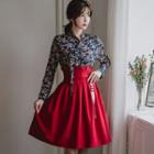 Set: Hanbok Top (floral / Navy Blue) + Skirt (midi / Red)