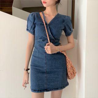 Denim Puff-sleeve V-neck Mini Sheath Dress