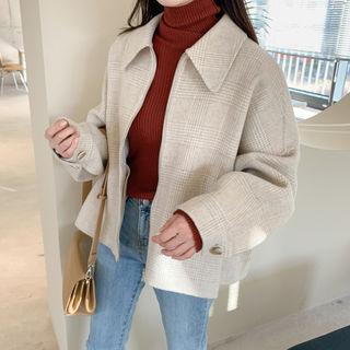 Checked Zip-up Wool Blend Jacket