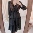 Long-sleeve Tiered V-neck A-line Dress