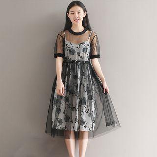 Set: Floral Print Sundress + Short-sleeve Mesh Dress