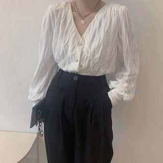 V-neck Plain Shirred Blouse