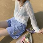 Long-sleeve V-neck Loose-fit Top / Striped Shorts