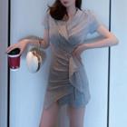 Short-sleeve Asymmetric Crinkled Mini Sheath Dress