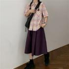 Short-sleeve Check Shirt/ Plain A-line Skirt