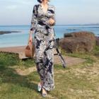 Long-sleeve Leaf Print Maxi Shift Dress