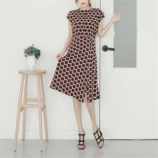Cap-sleeve Slit-hem Patterned Midi Dress