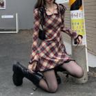 Square-neck Ruffle Trim Plaid Mini A-line Dress