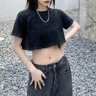 Short-sleeve Plain Washed Crop T-shirt