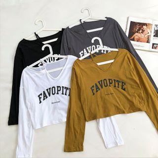 Lettering Print V-neck Long-sleeve T-shirt