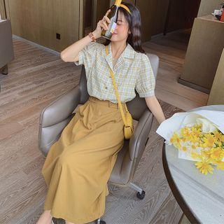Short-sleeve Plaid Blouse / High-waist Plain A-line Skirt