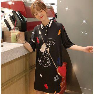 Elbow-sleeve Cartoon Dog Printed Mini Polo Dress