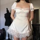 Puff Sleeve Lace-panel Ruffled-trim Mini Dress