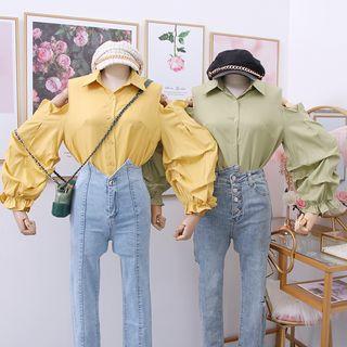 Off-shoulder Bubble-sleeved Plain Shirt