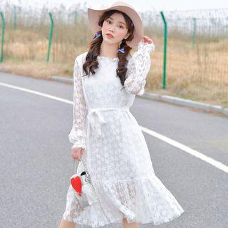 Tie Waist Lace Long-sleeve Dress