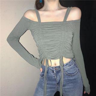 Long-sleeve Cold-shoulder Drawstring Cropped T-shirt