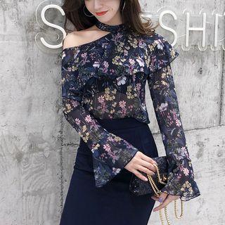 Long-sleeve Floral Print Cutout Top