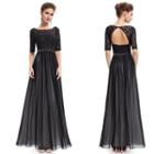 Elbow-sleeve Open Back Sheath Evening Gown