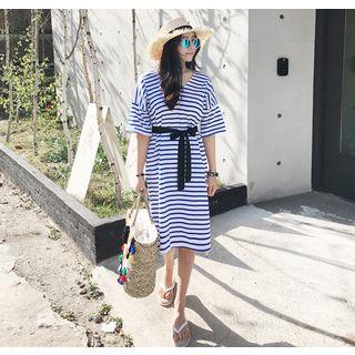 V-neck Striped T-shirt Dress With Sash