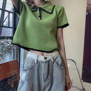 Short Sleeve Polo Neck Contrast Trim Crop Top